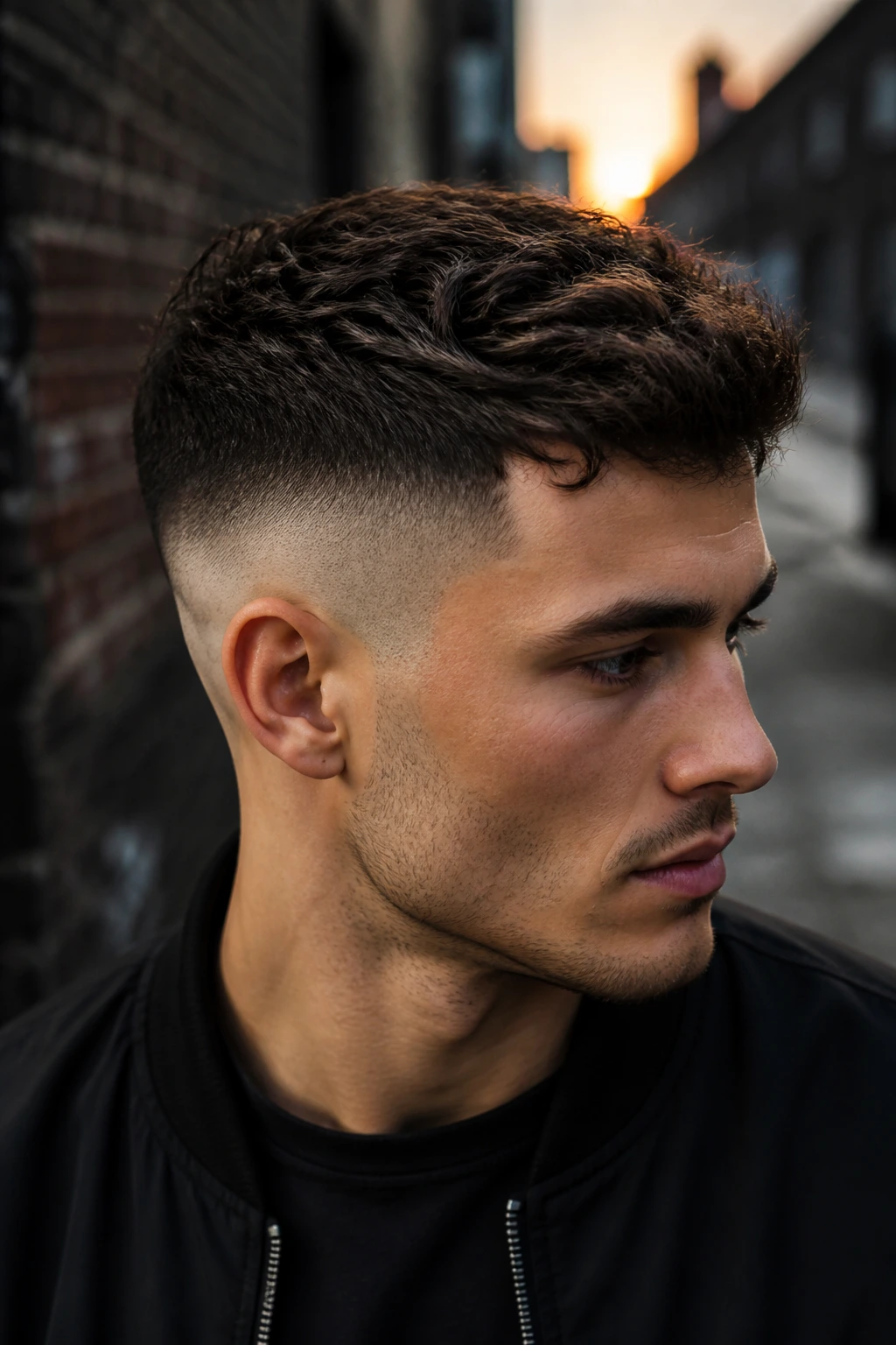 Close-up portrait of a man with a skin fade on the sides in dusk urban setting