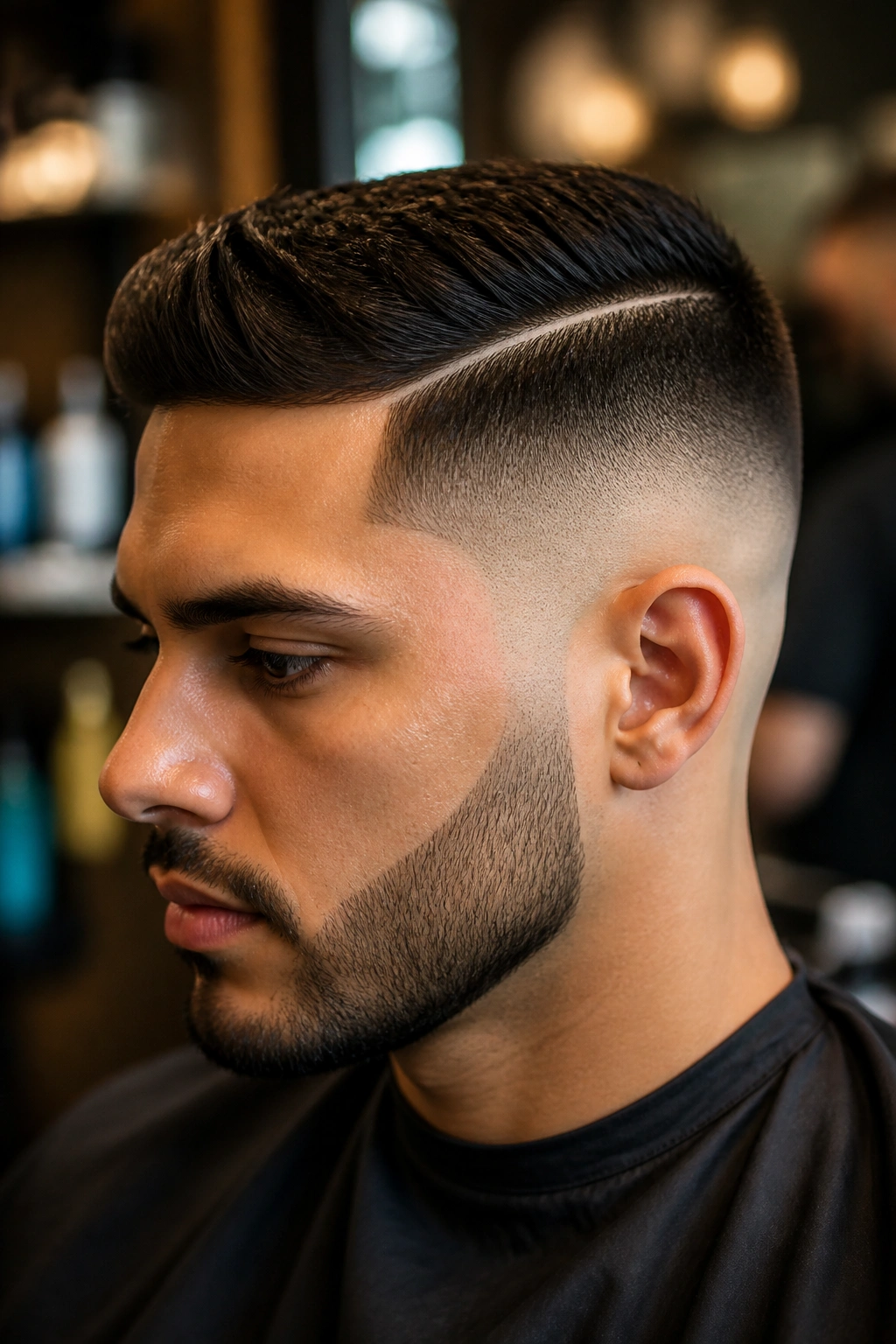 Close-up of a man with a skin fade and hard part in a barber shop setting
