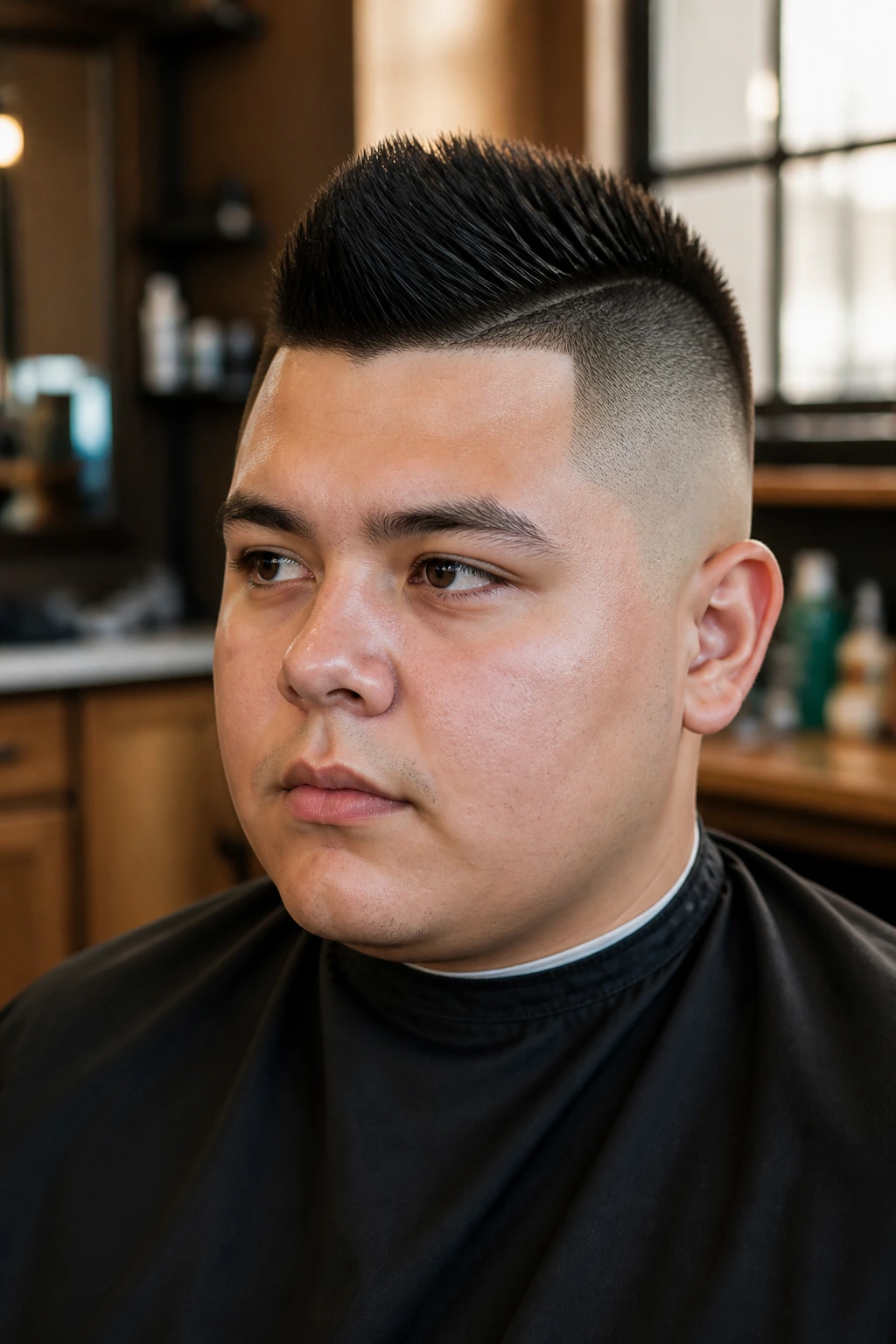 Close-up portrait of a man with a skin-fade mohawk in a barbershop setting.