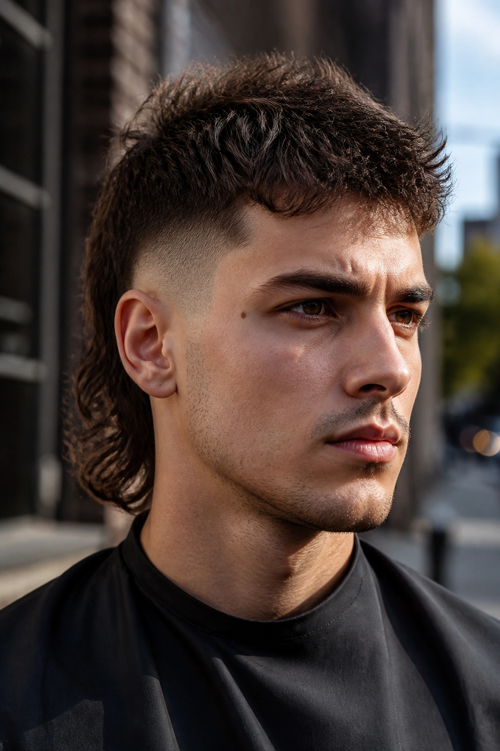 Close-up portrait of a real man with a skin fade mullet in urban daylight