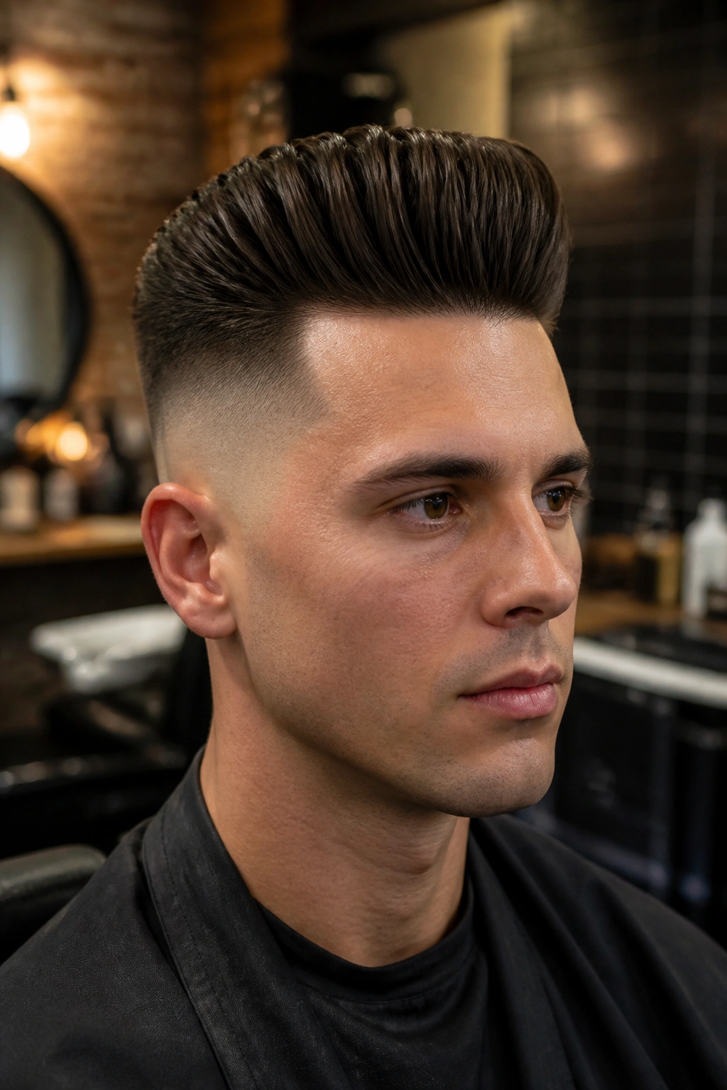 Close-up portrait of a man with a skin fade pompadour and tall topped hair.