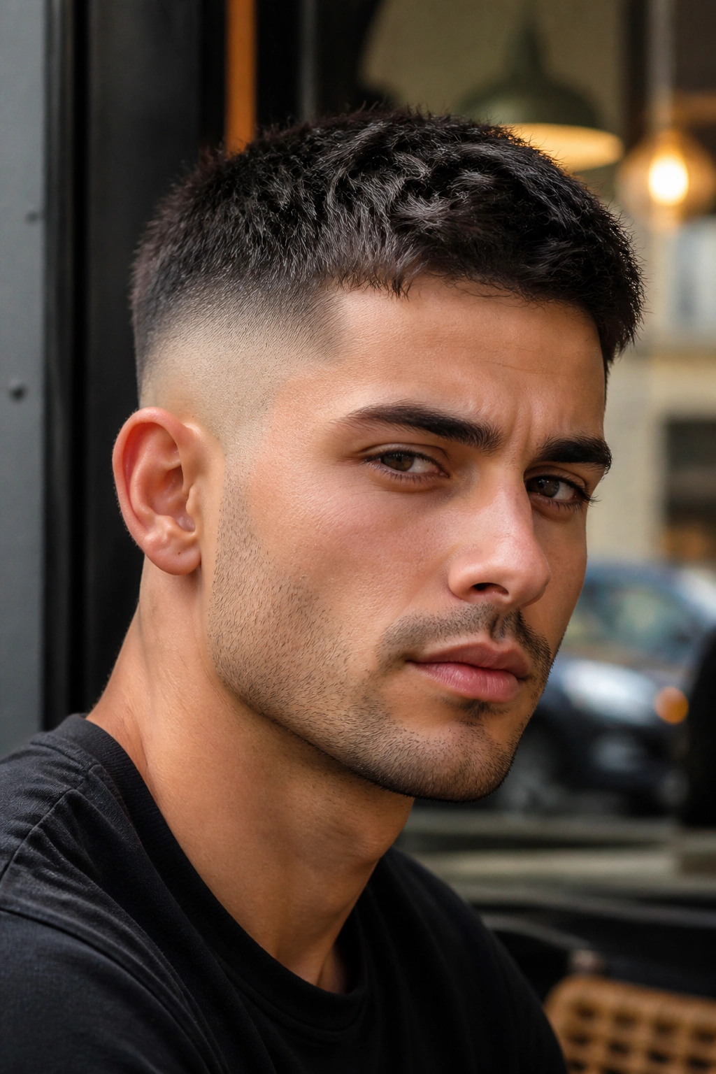 Man with skin fade on sides and short textured top in natural light