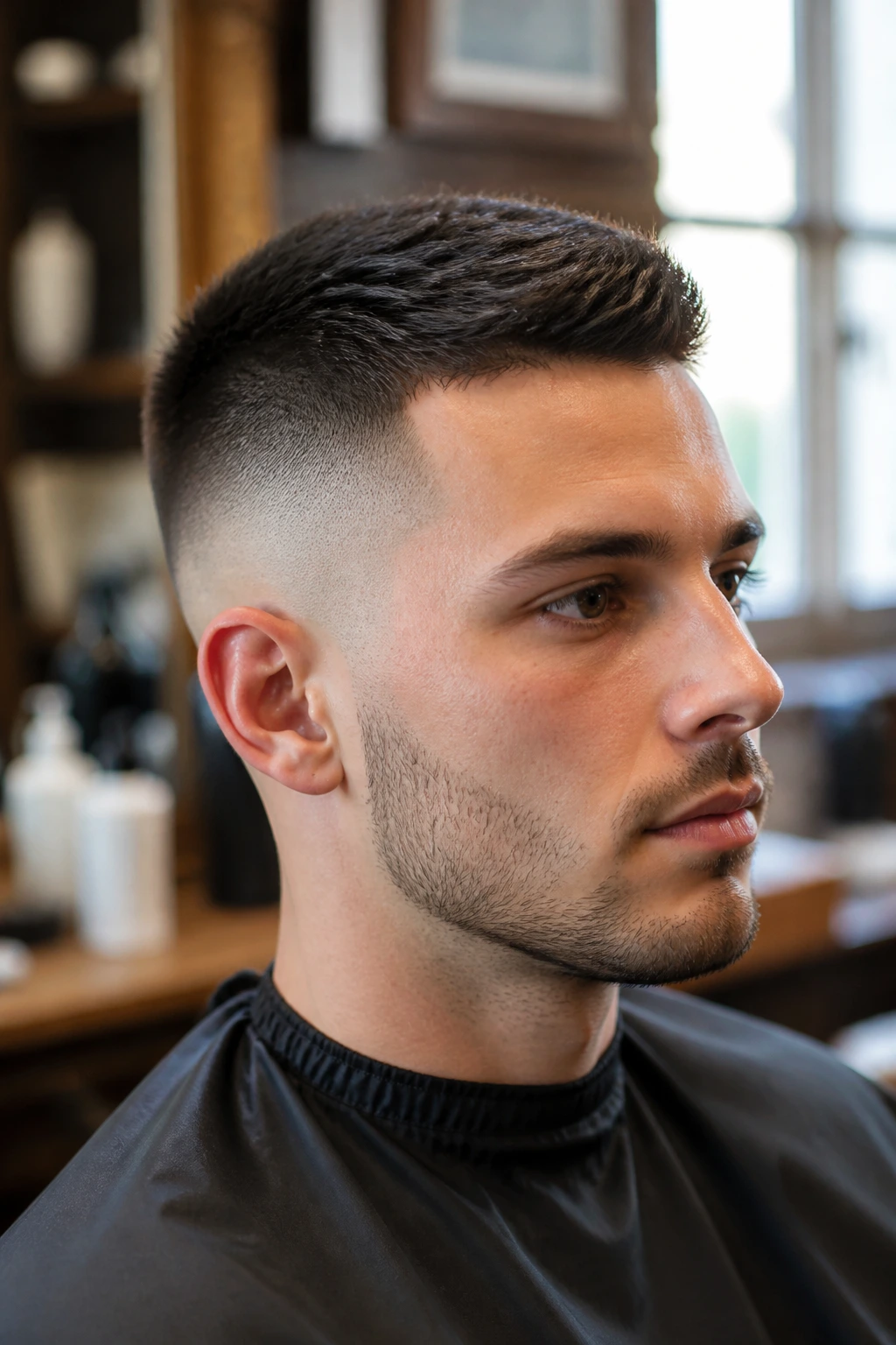 Close-up portrait of a man with a skin fade and short top haircut in a barbershop setting