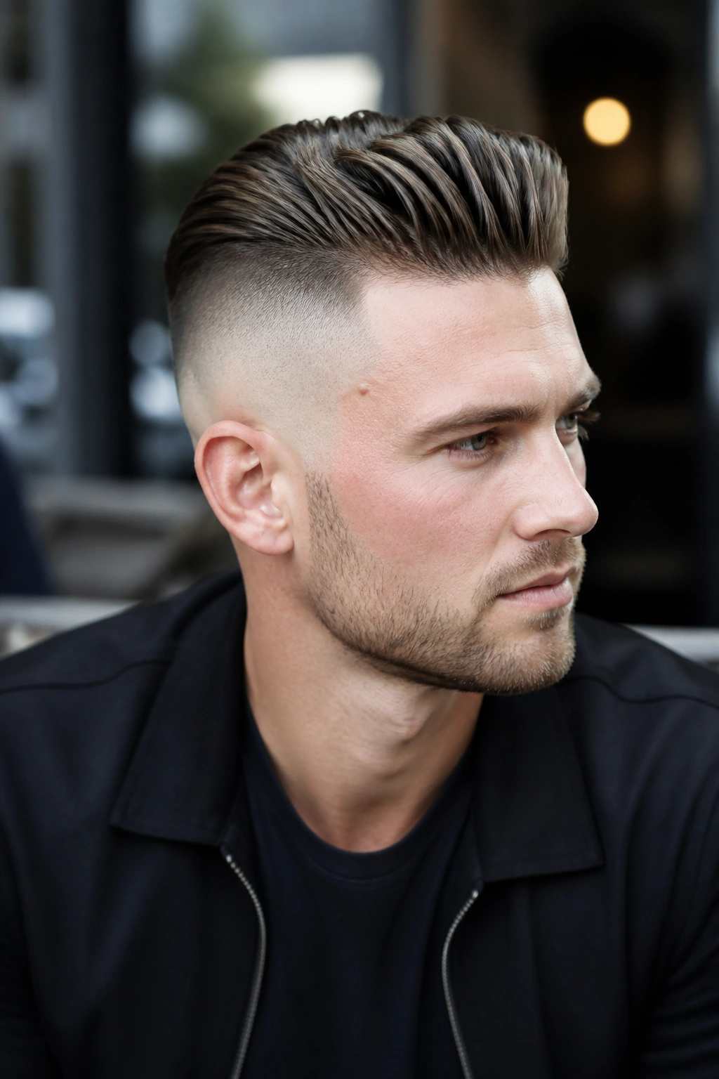 Close-up portrait of a man with a skin fade undercut