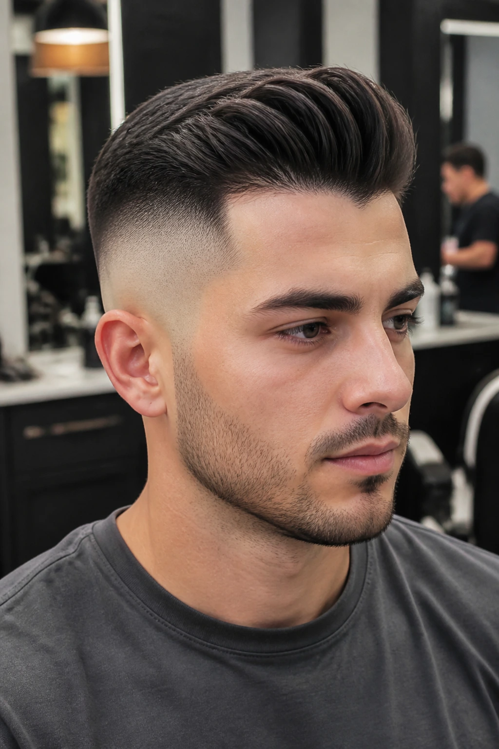 Close-up portrait of a person with a skin fade undercut in a modern barbershop