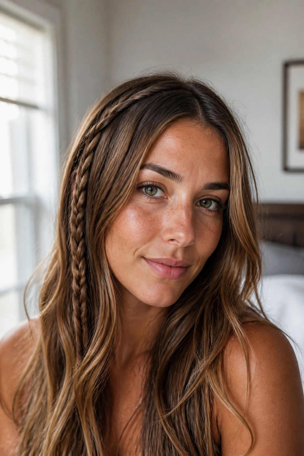 Thin accent side braid along the front of a real woman's hair