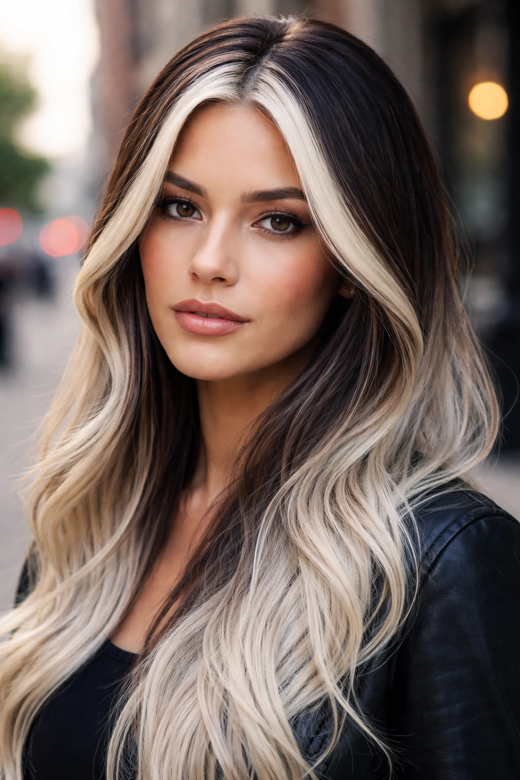 Close-up portrait of a real woman with a skunk stripe blonde and dark root panels
