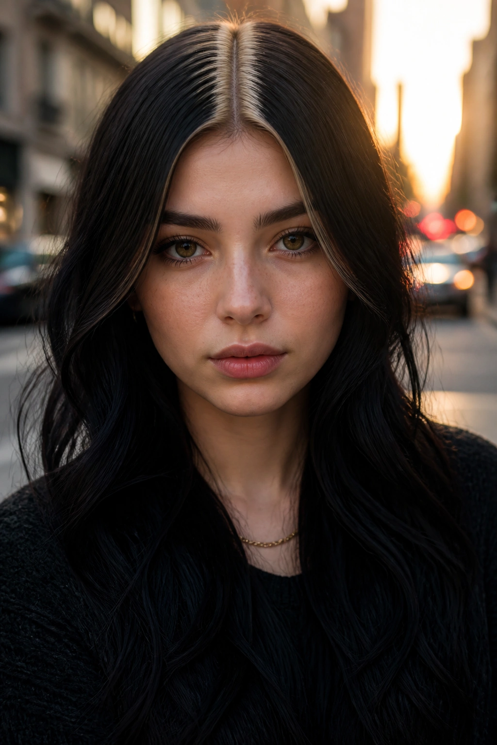 Portrait of a real person with a slender blonde center stripe on black hair.