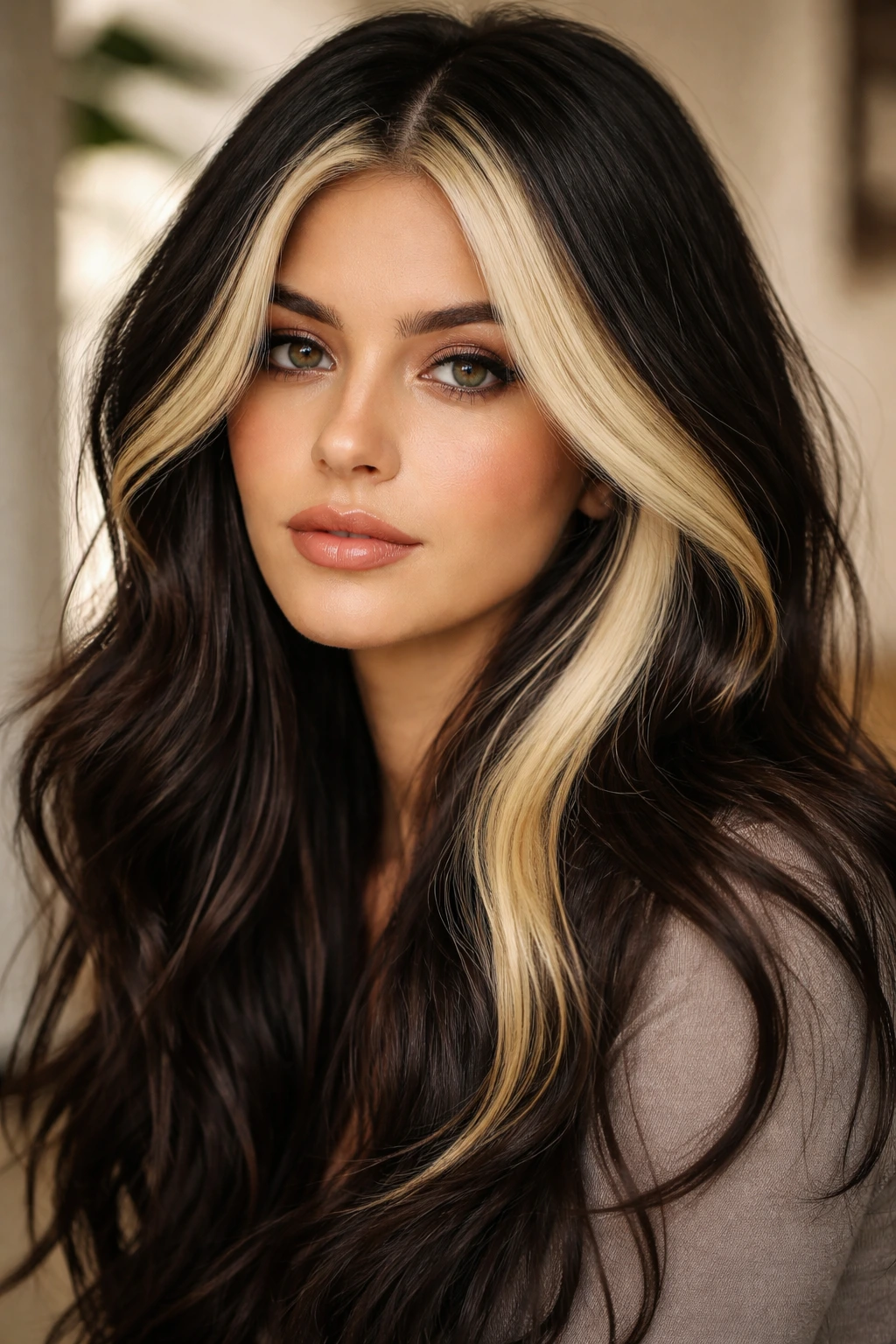 Close-up of a real woman with a chunky blonde skunk stripe in hair