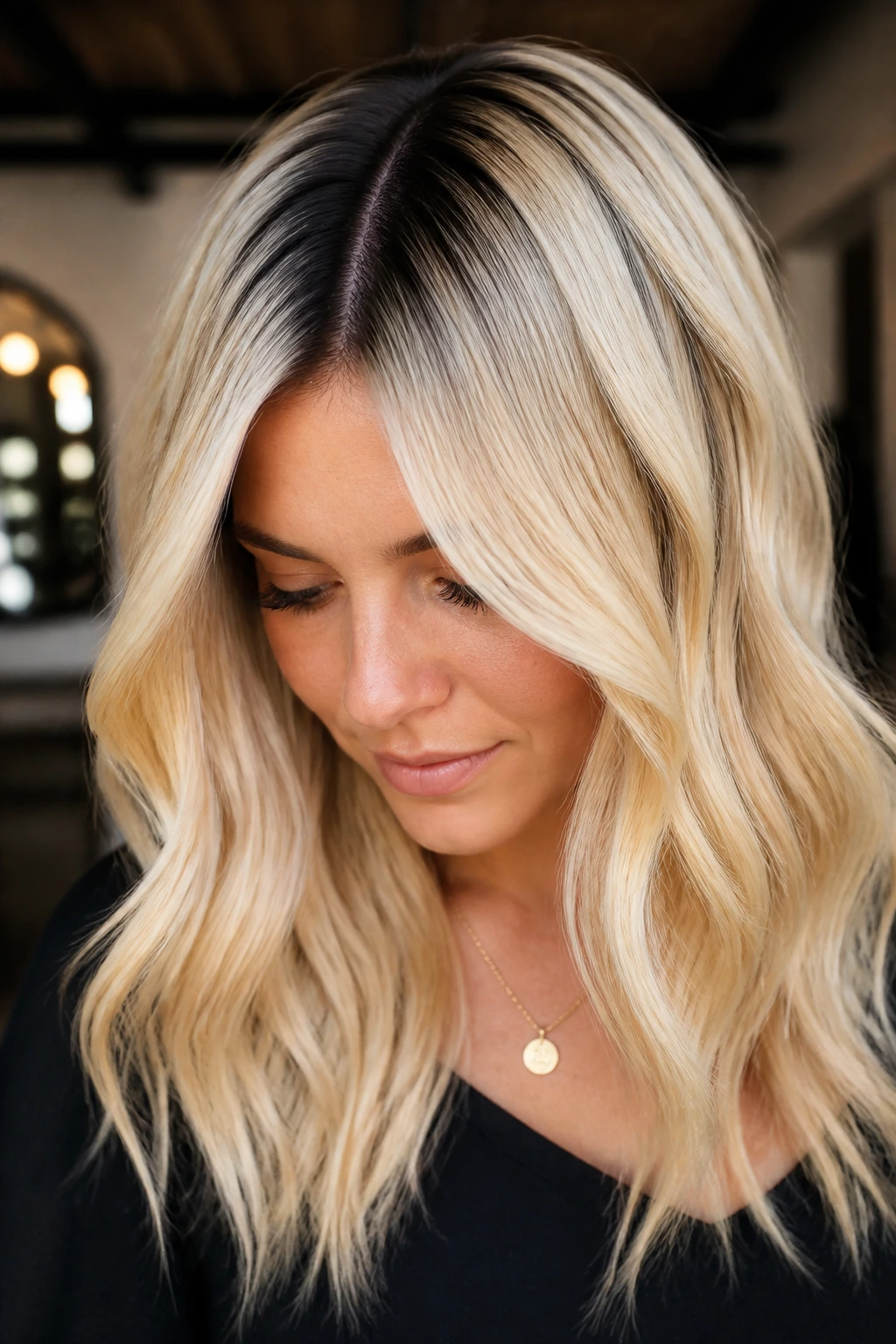 Close-up portrait of a real person with a bold dark root stripe against blonde hair.