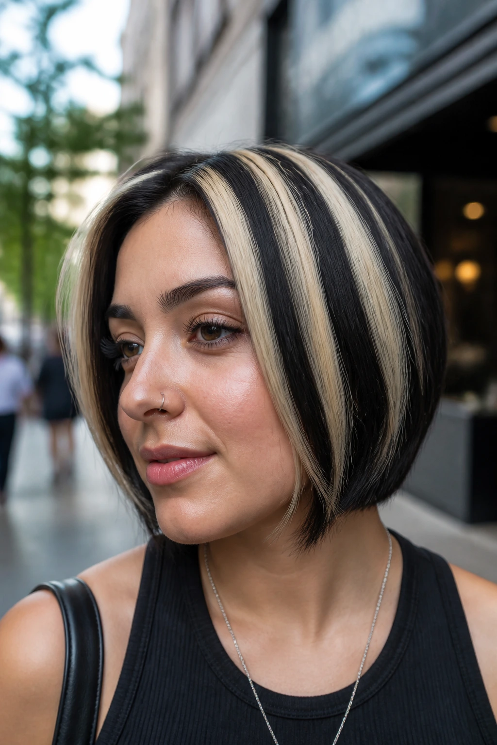 Close-up portrait of skunk stripes on short hair.