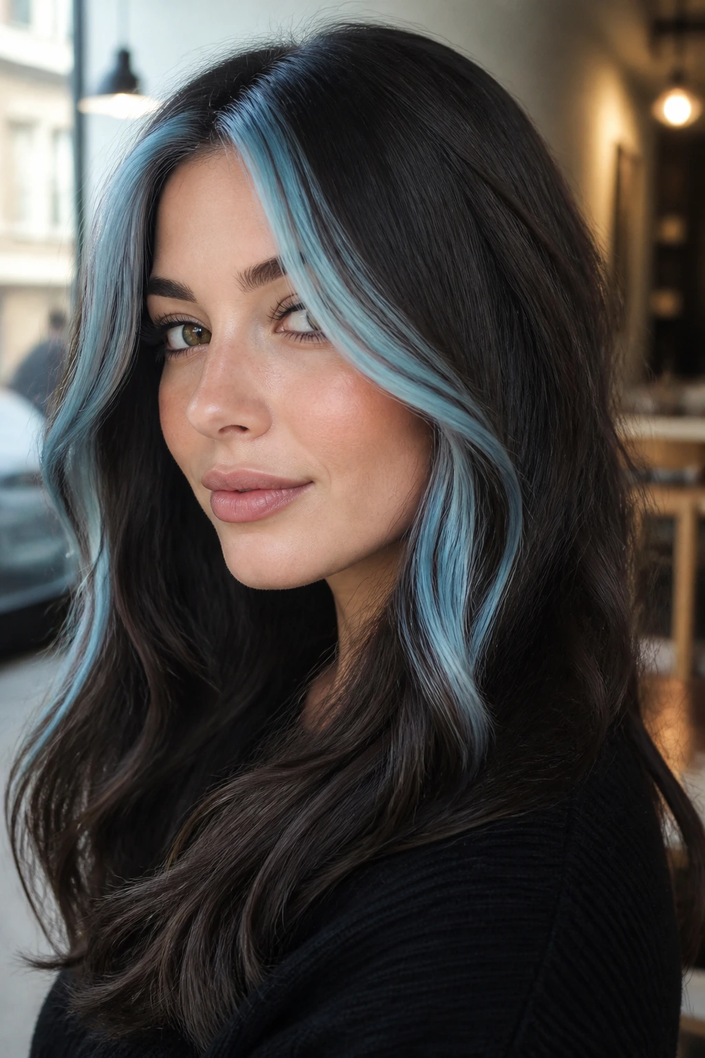 Brunette with sky-blue face-frame around the eyes in a close-up portrait