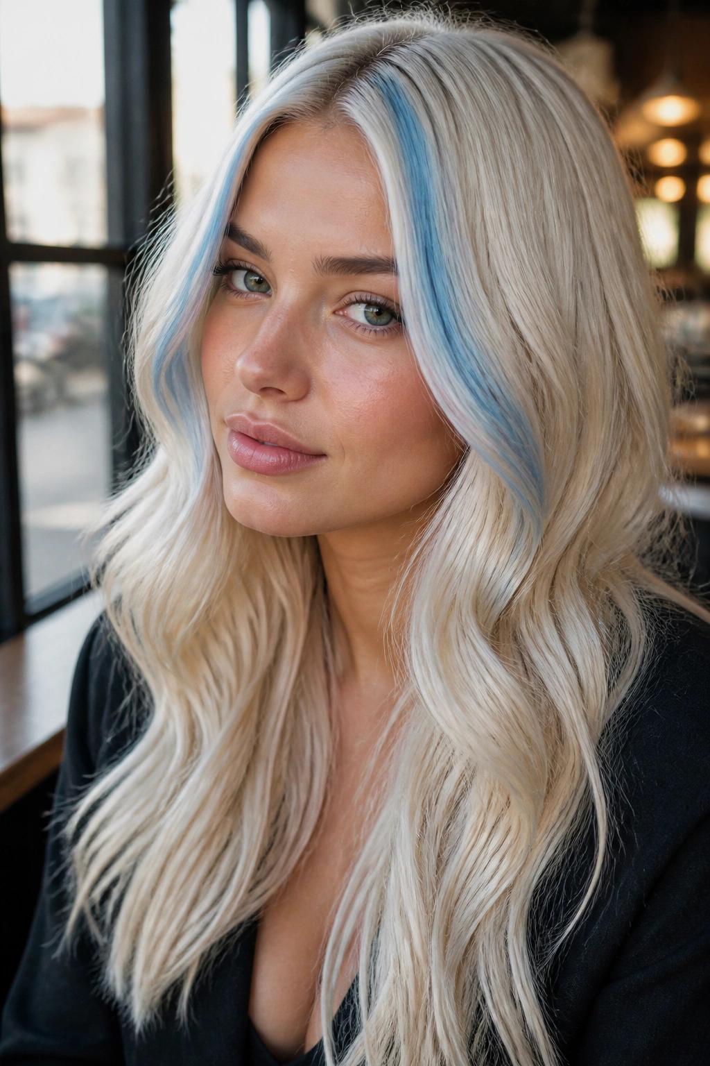 Portrait of a real woman with cream blonde hair and a sky-blue face frame