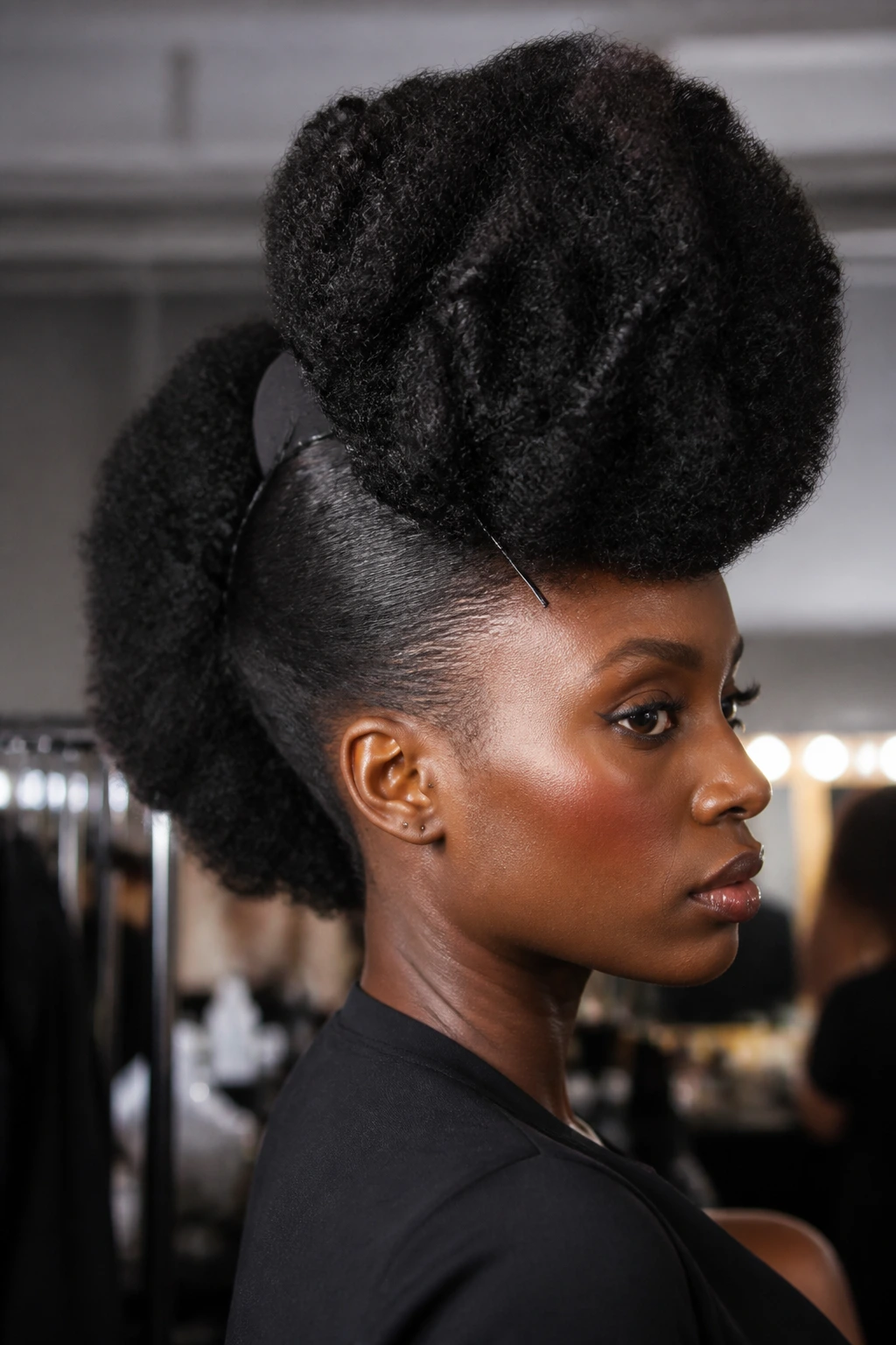 Close-up of a real person with a dramatic sky-high frohawk and pinned base