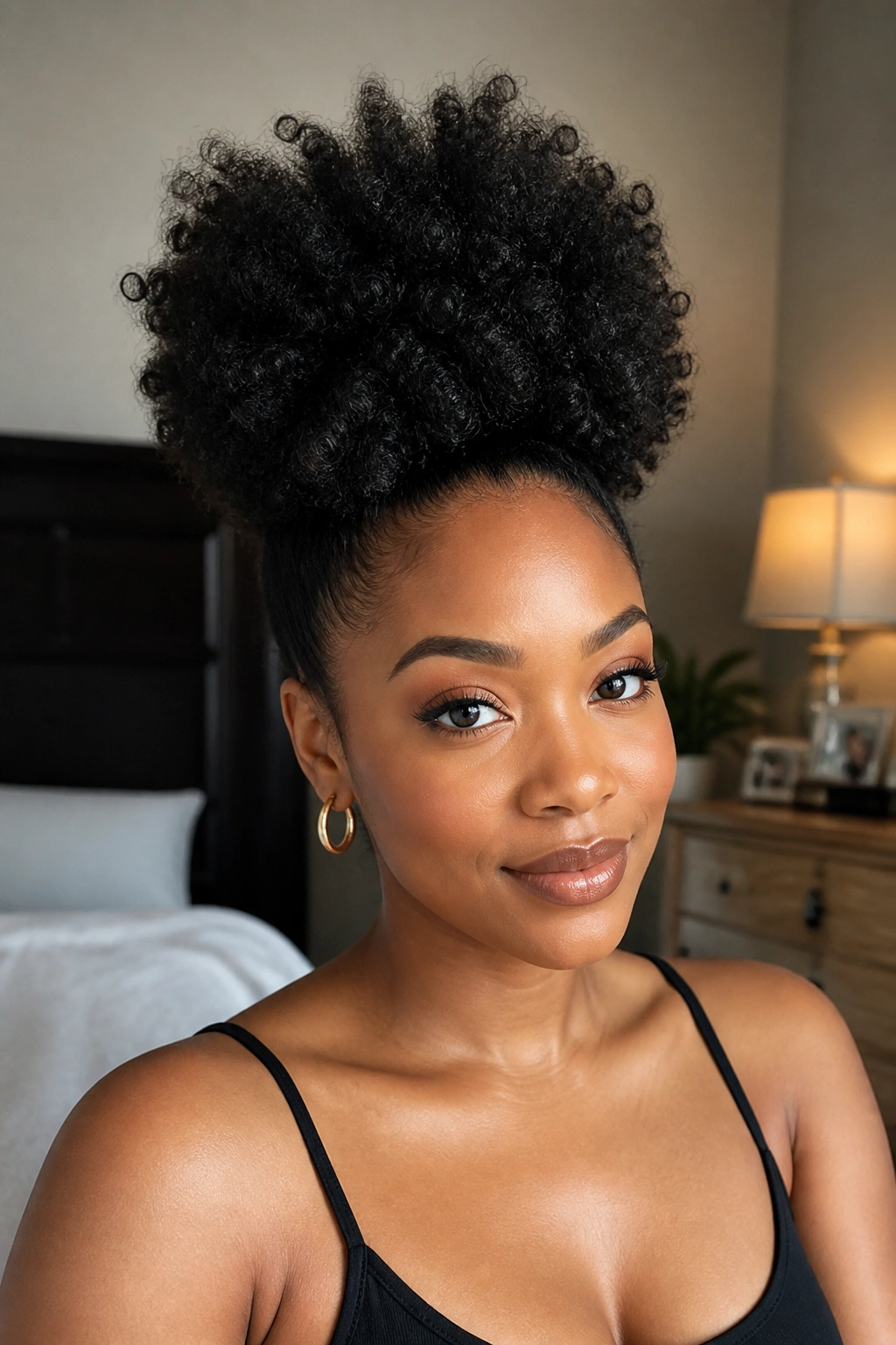 Portrait of a real woman with a tall sky-high puff in a softly lit bedroom