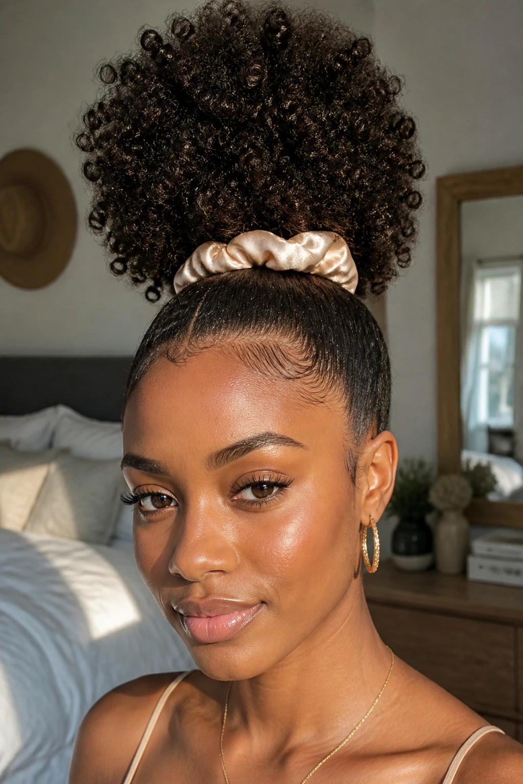 Close-up of a sky-high puff with a smooth hairline on a real person, crown volume and neat edges