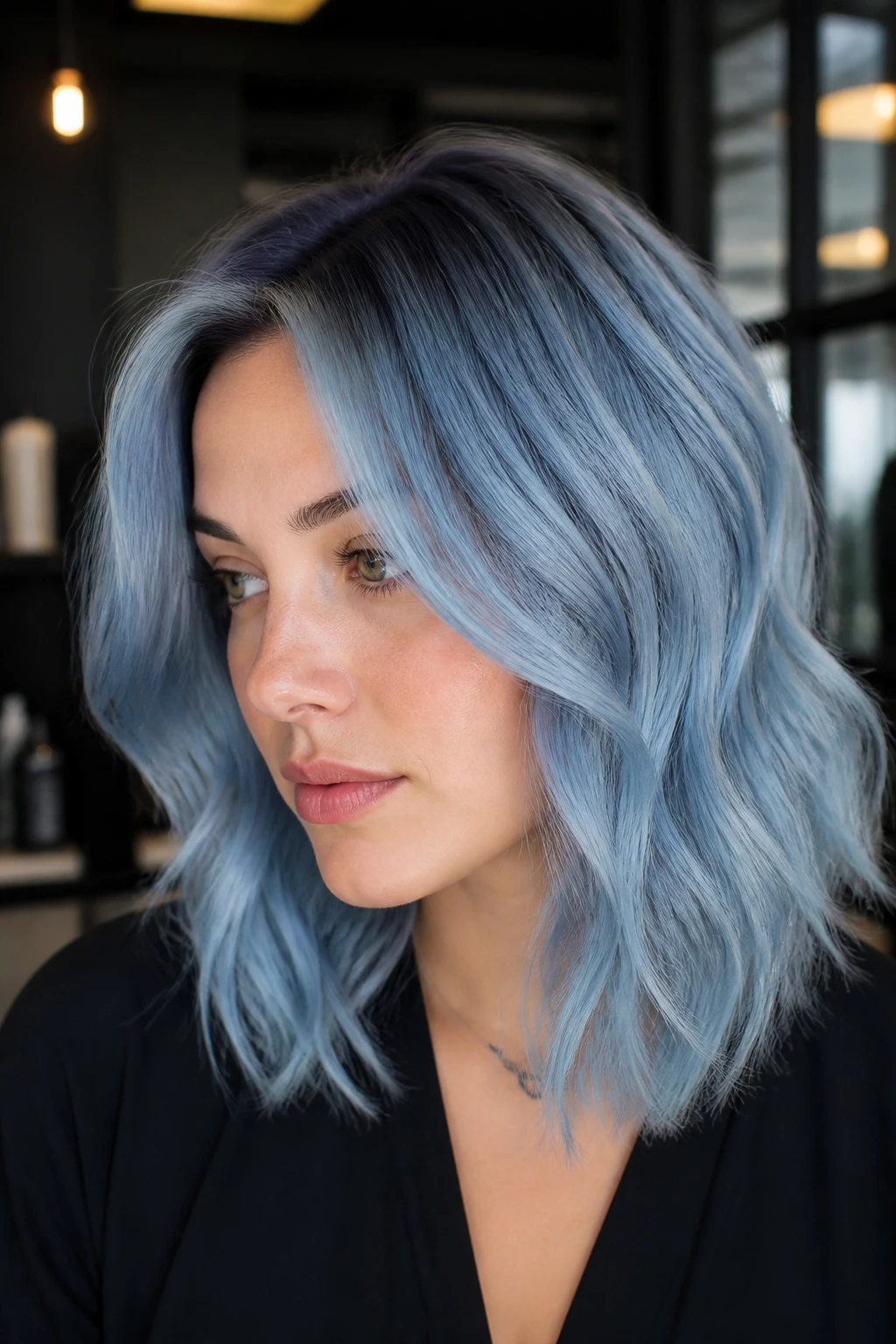 Portrait of a real person with slate-to-sky blue root shadow hairstyle