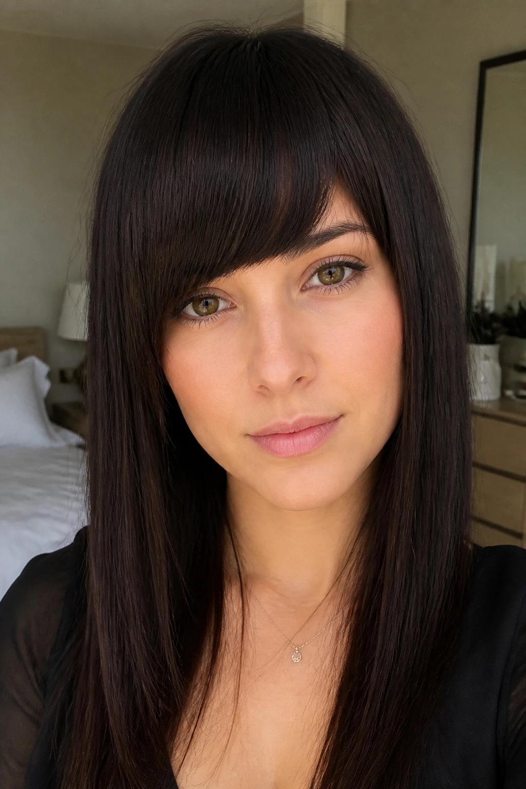 Real woman with a diagonally slanted blunt fringe.