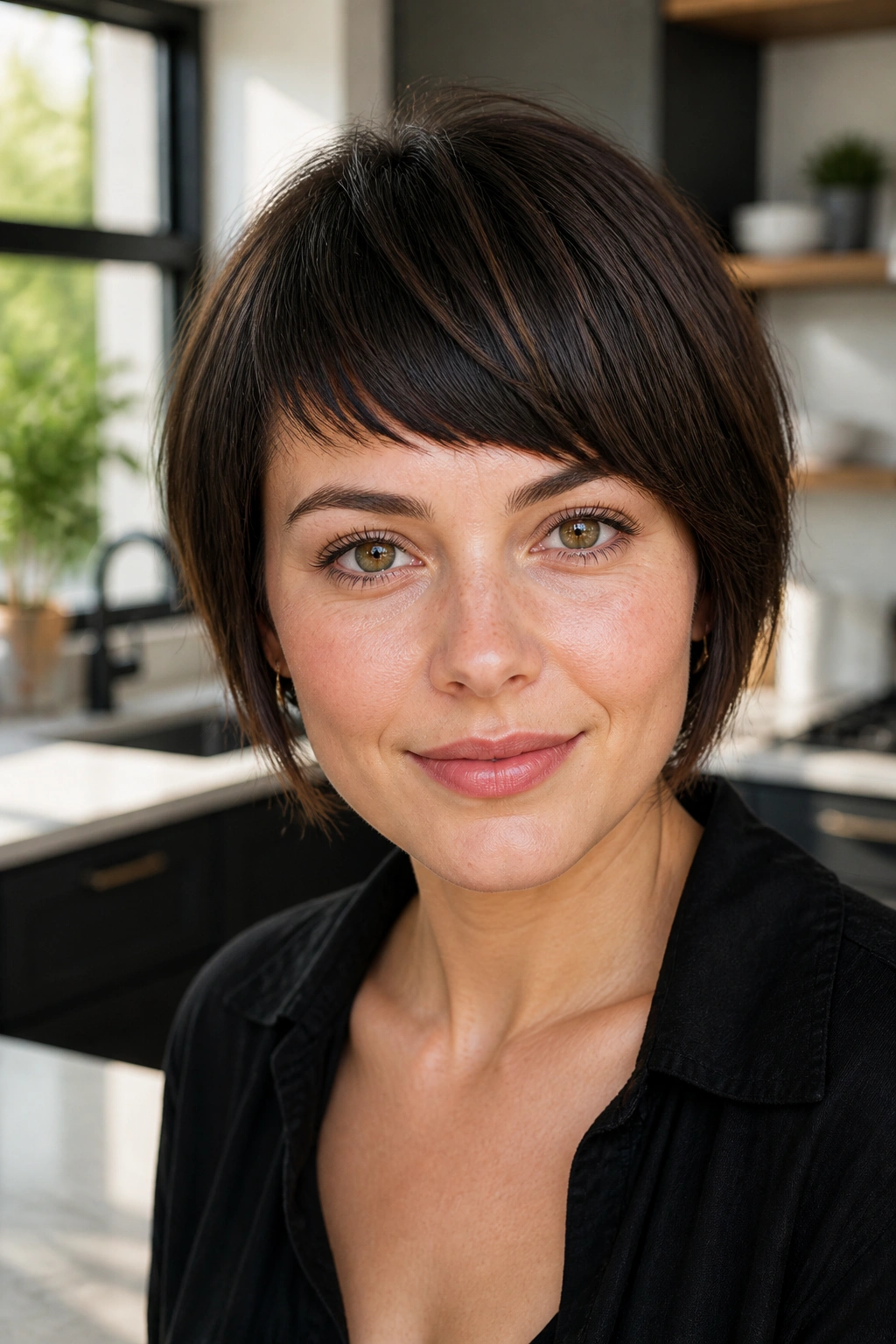 Close-up portrait of a real woman with a slanted blunt fringe
