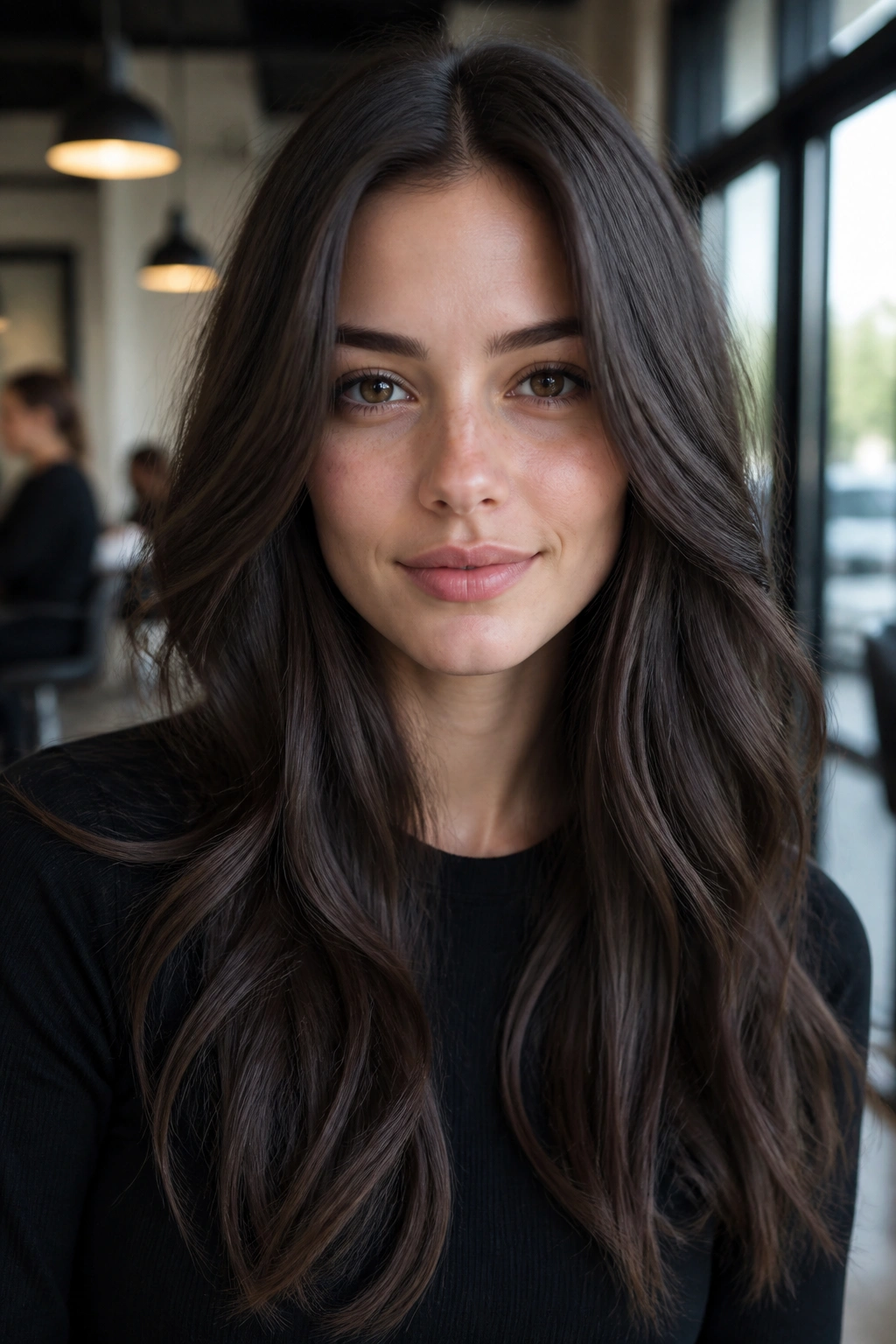 Close-up portrait of slate ash brunette in a salon setting