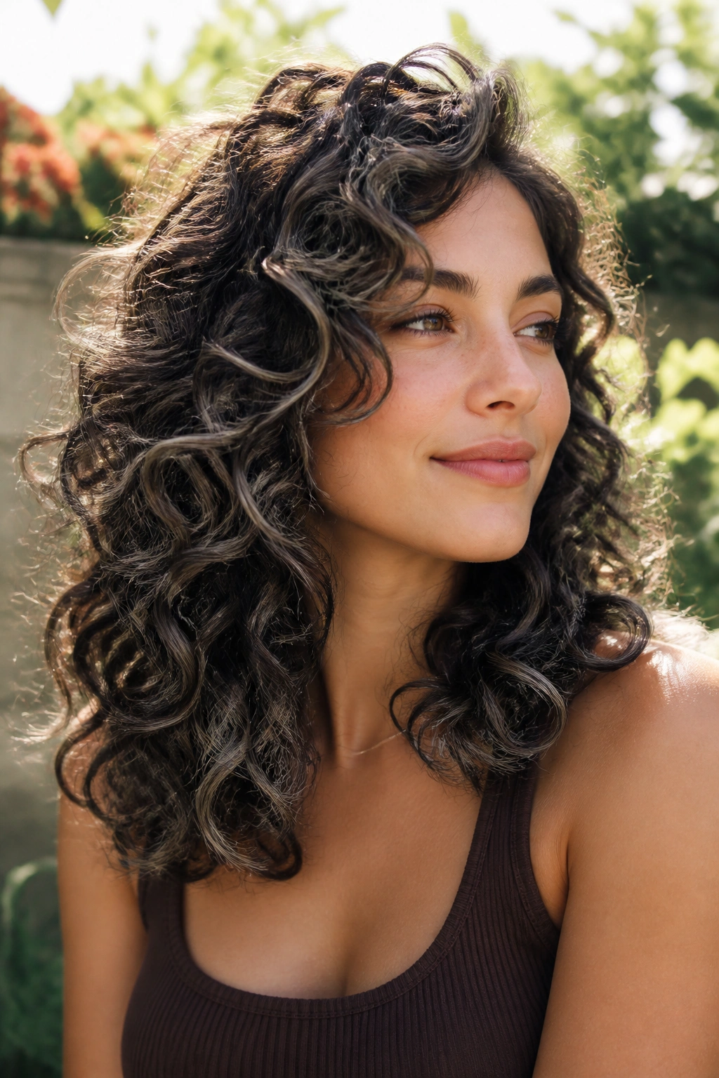 Curly brown hair with slate balayage following curl pattern