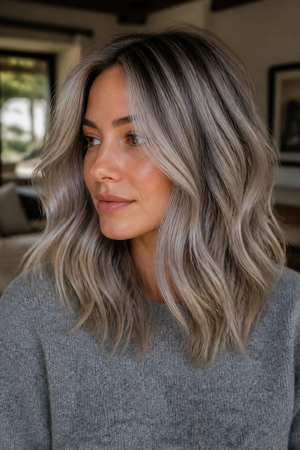 Close-up portrait of a woman with slate blonde balayage in soft room light