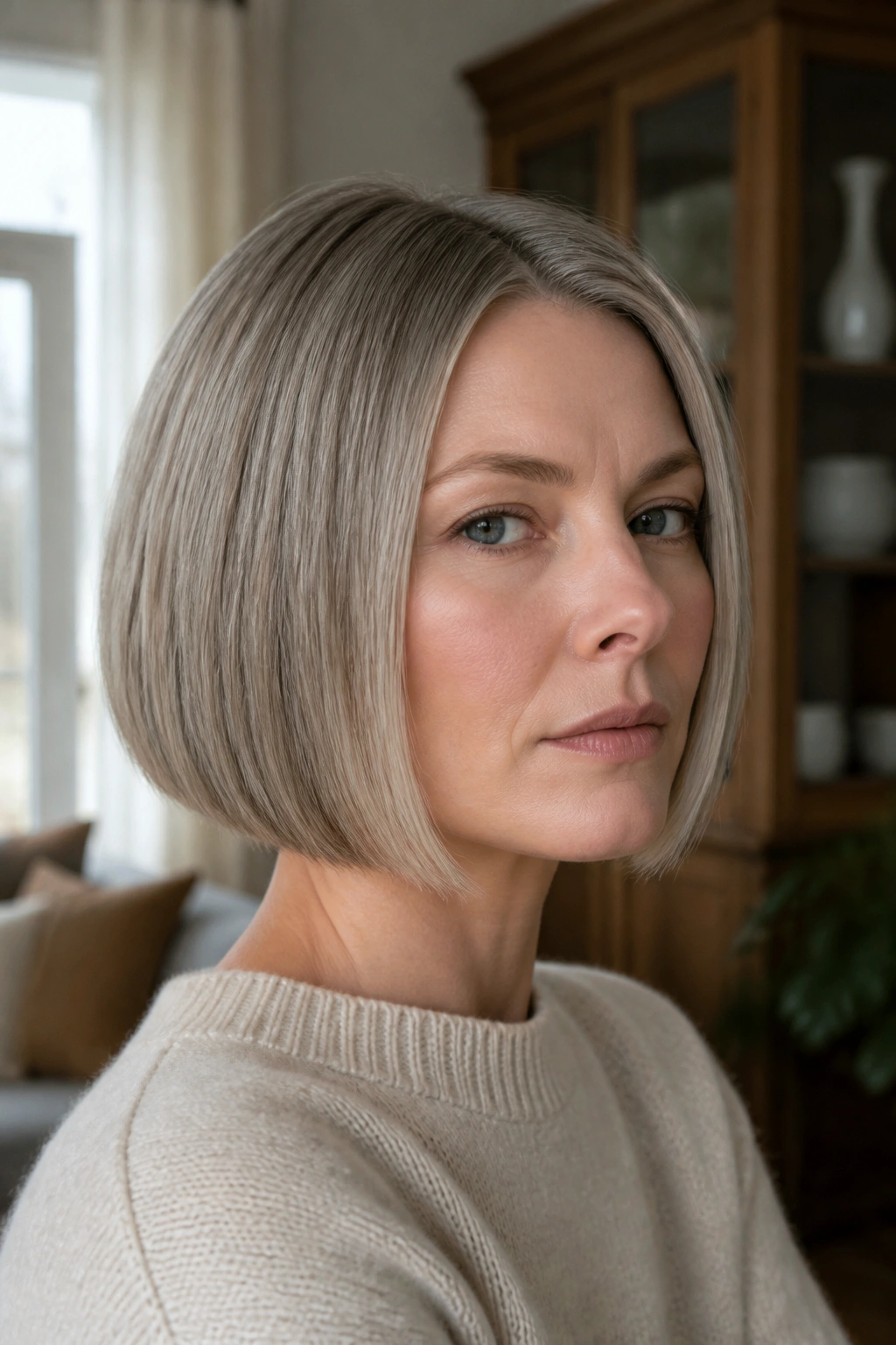 Close-up portrait of a real person with a slate blonde bob featuring a blunt cut and cool gray-beige tones.