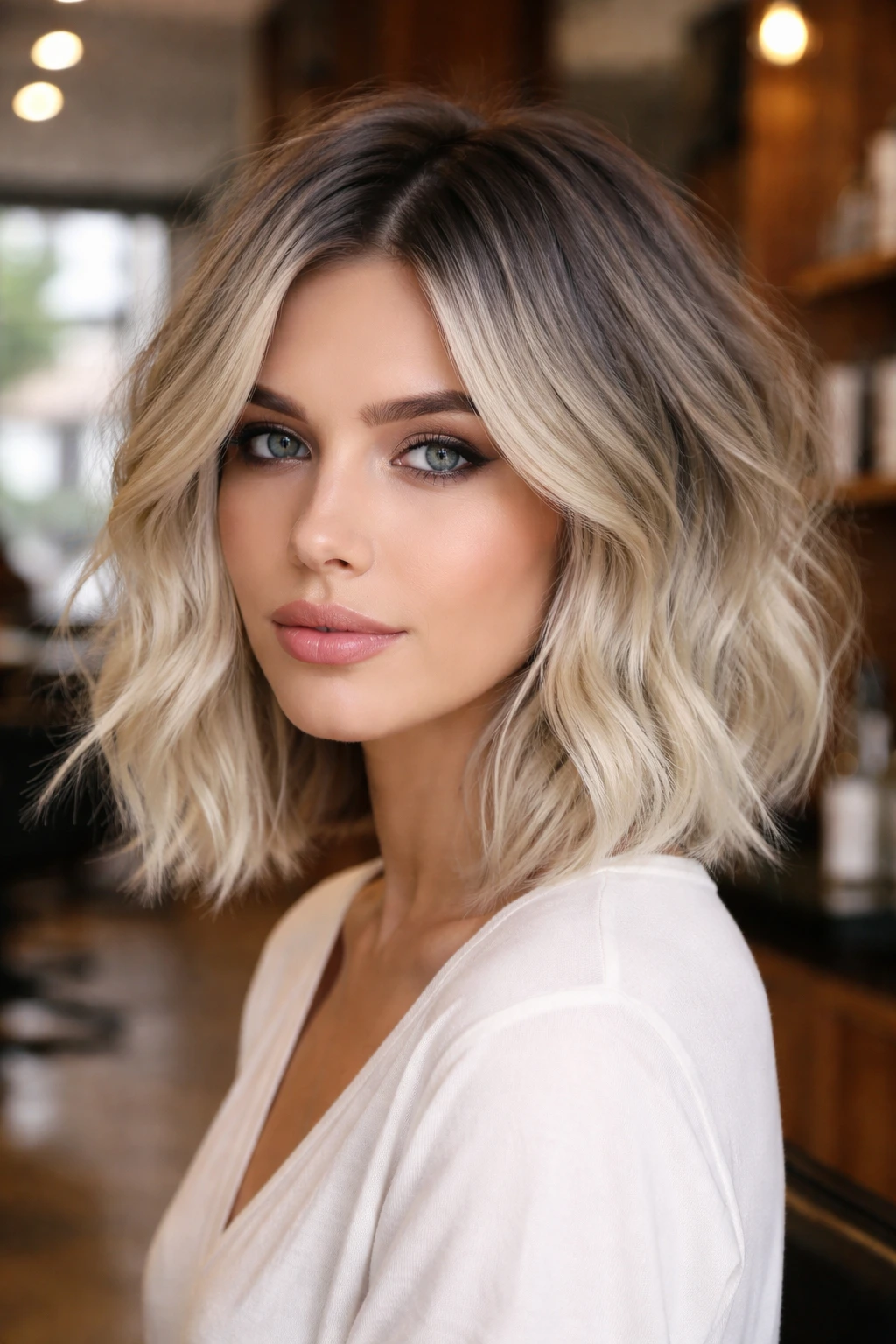Portrait of a woman with slate blonde roots and bob hairstyle