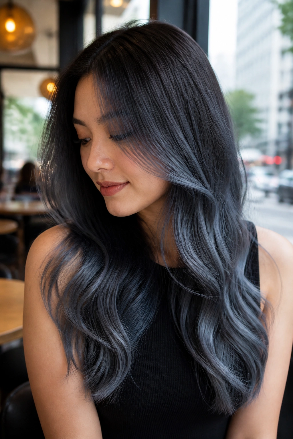 Close-up slate blue ash ombre on long hair