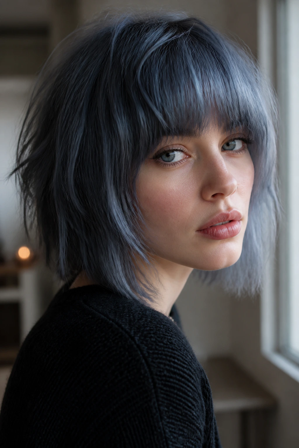 Close-up portrait of a real person with slate blue hair on cool skin in a modern room