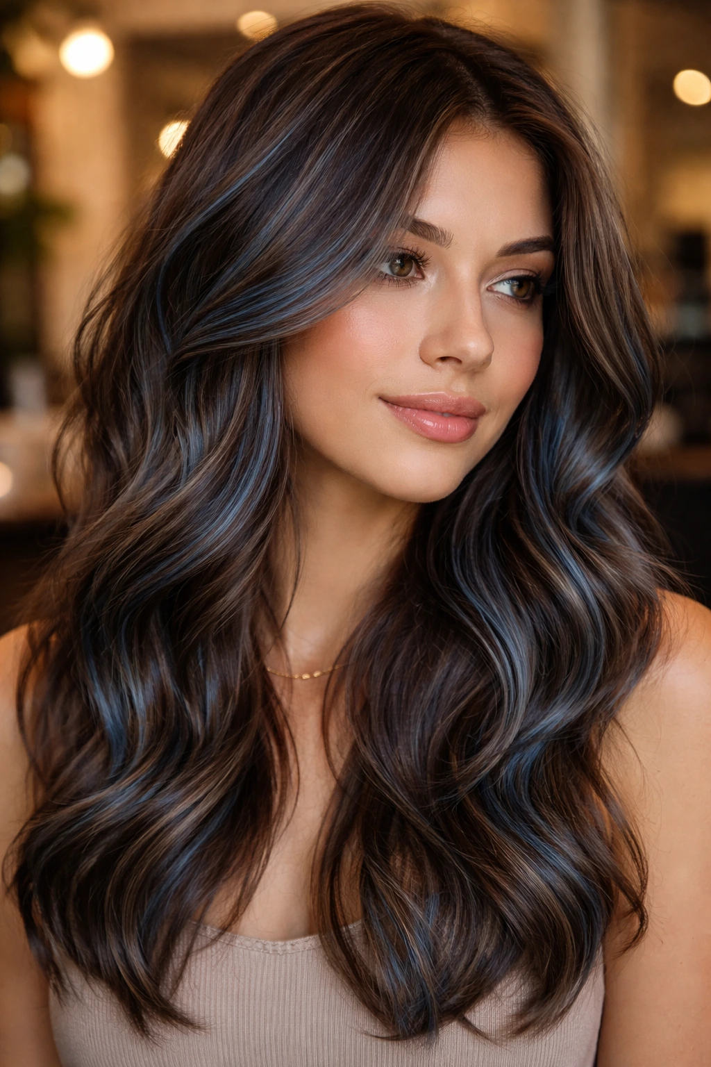 Close-up of a real woman's hair showing slate blue lowlights in brown hair.