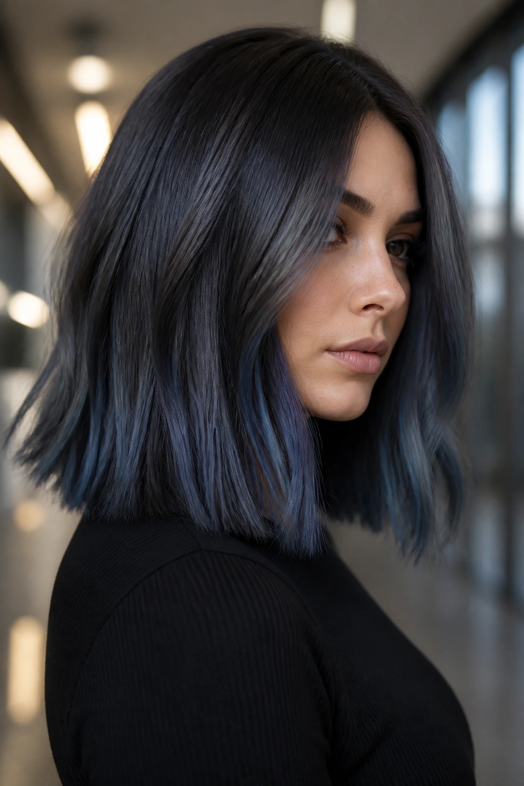 Real person with slate blue smoke balayage on brunette hair