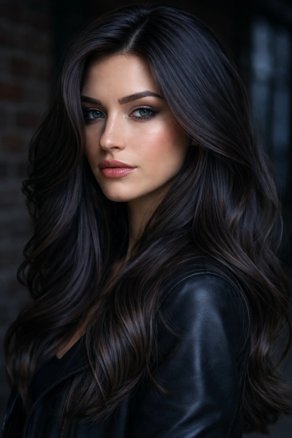 Close-up portrait of a real person with slate brown hair and blue-gray tint