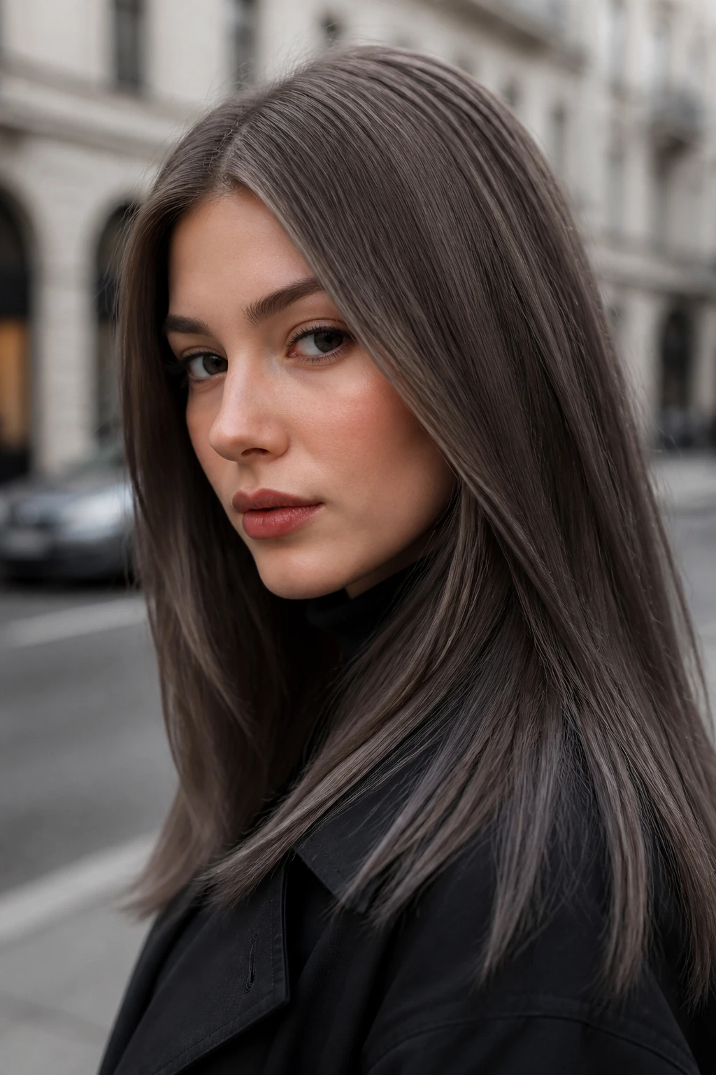 Portrait of a person with slate brown all-over color in urban outdoor setting