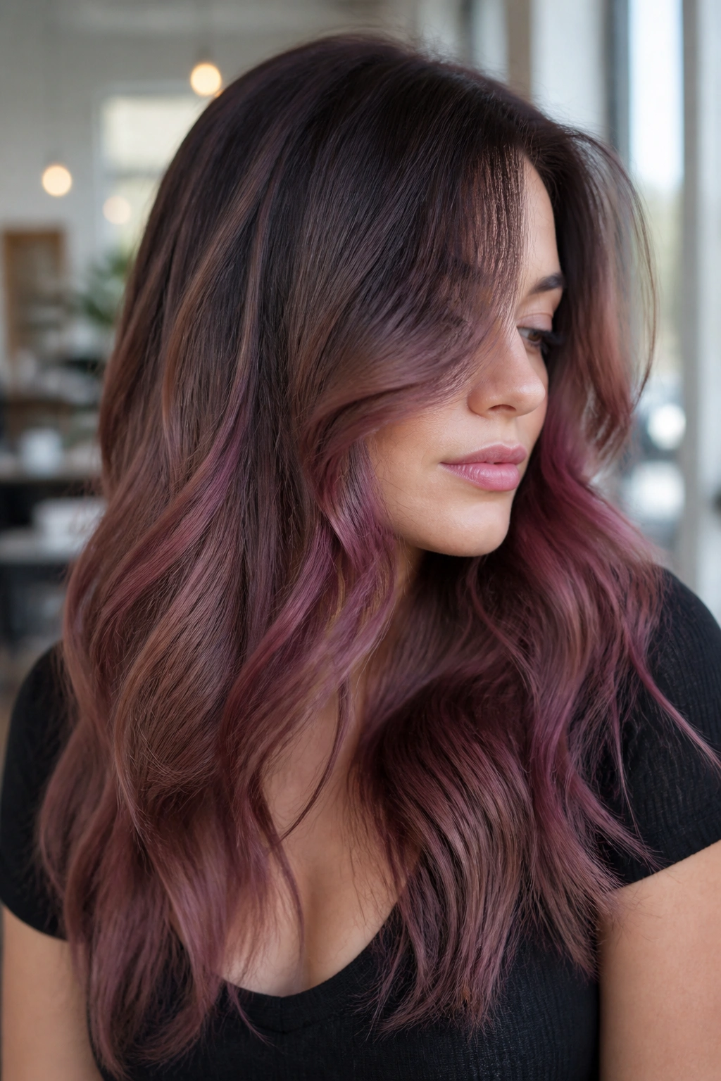 Portrait of a real woman with slate brown hair and cranberry dust fade