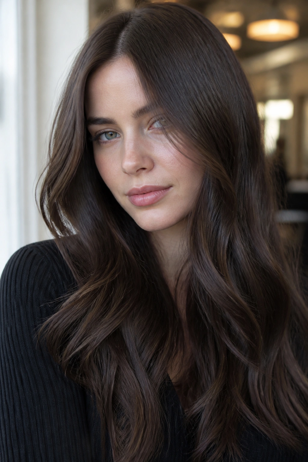 Close-up of hair in slate brown gloss under soft window light