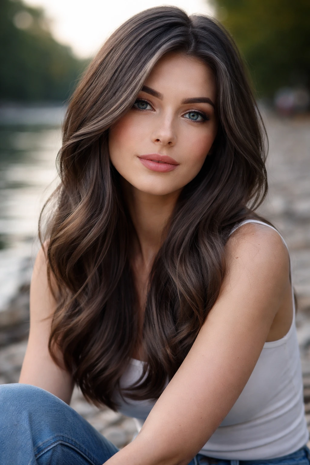 Close-up portrait of a real woman with Slate Brown hair by a riverbank setting.