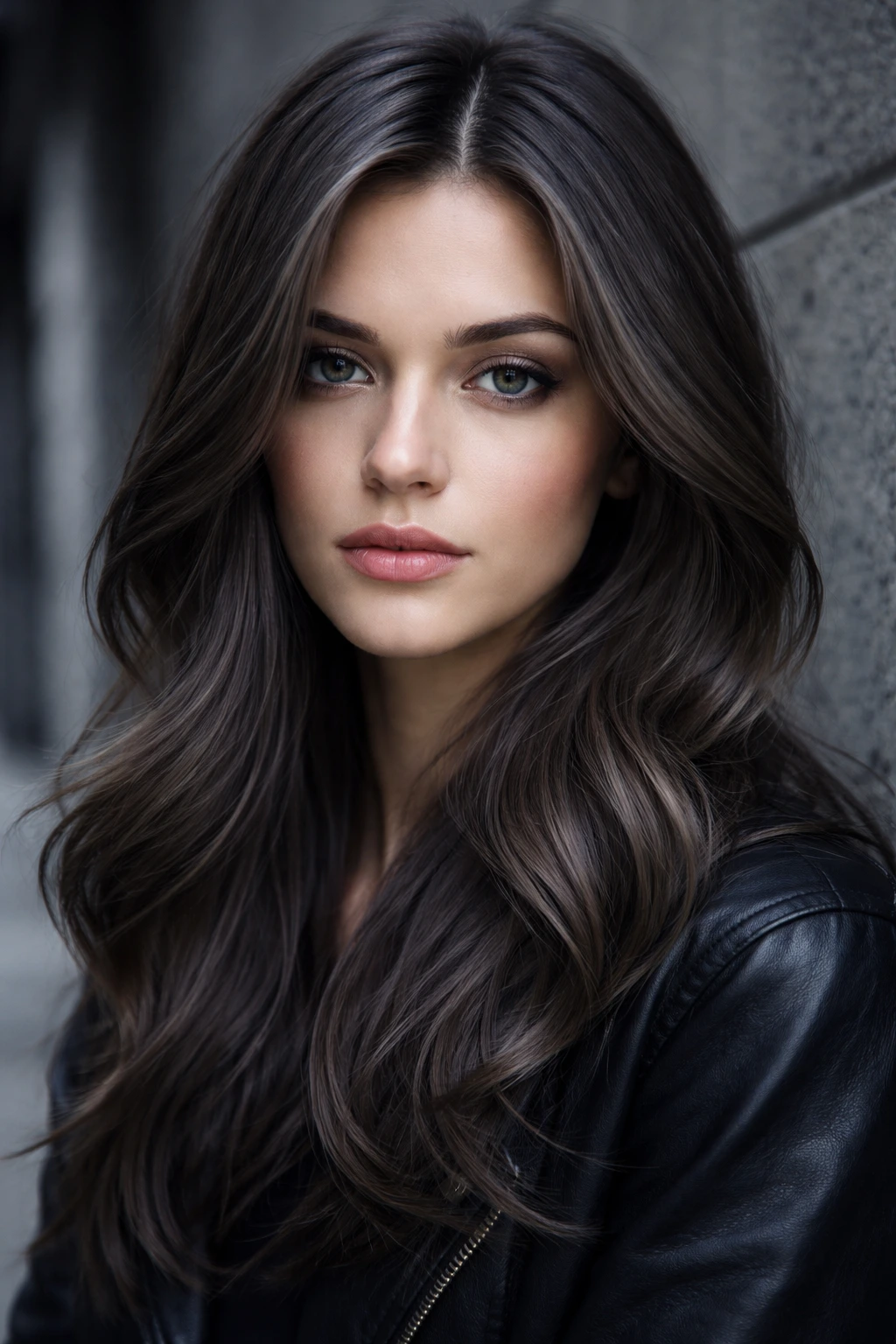 Real person with slate brown hair against a moody urban wall