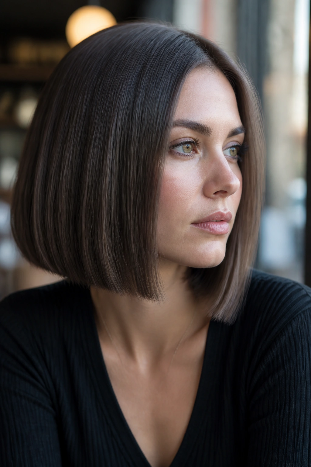 Close-up portrait of a real woman with slate brown hair in a blunt bob