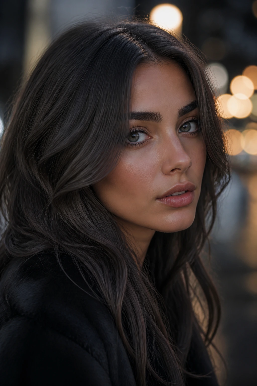 Close-up of slate brown hair on a real person with moody urban background