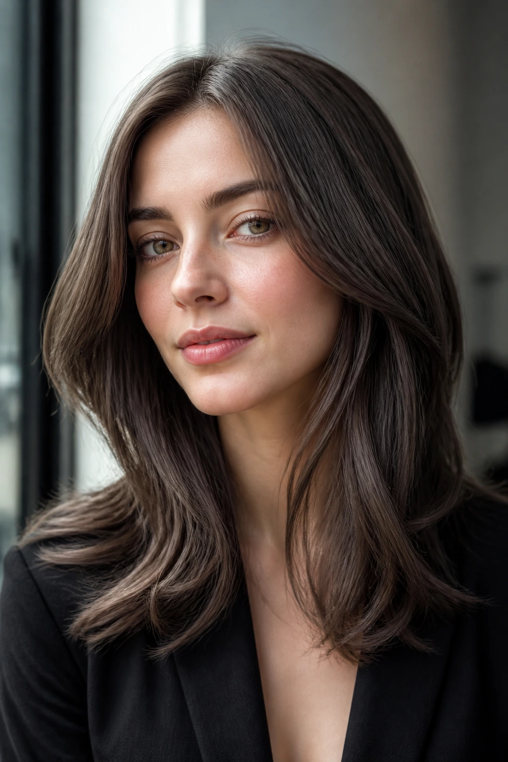Close-up portrait of a real woman with slate brown hair under window light