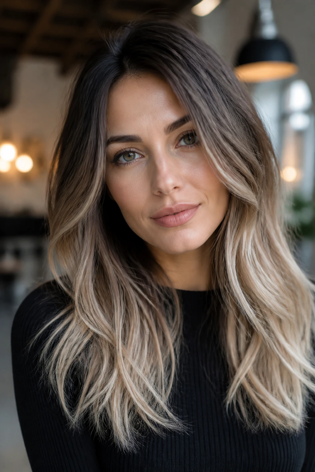 Close-up of a real person with slate brown hair and icy beige tips