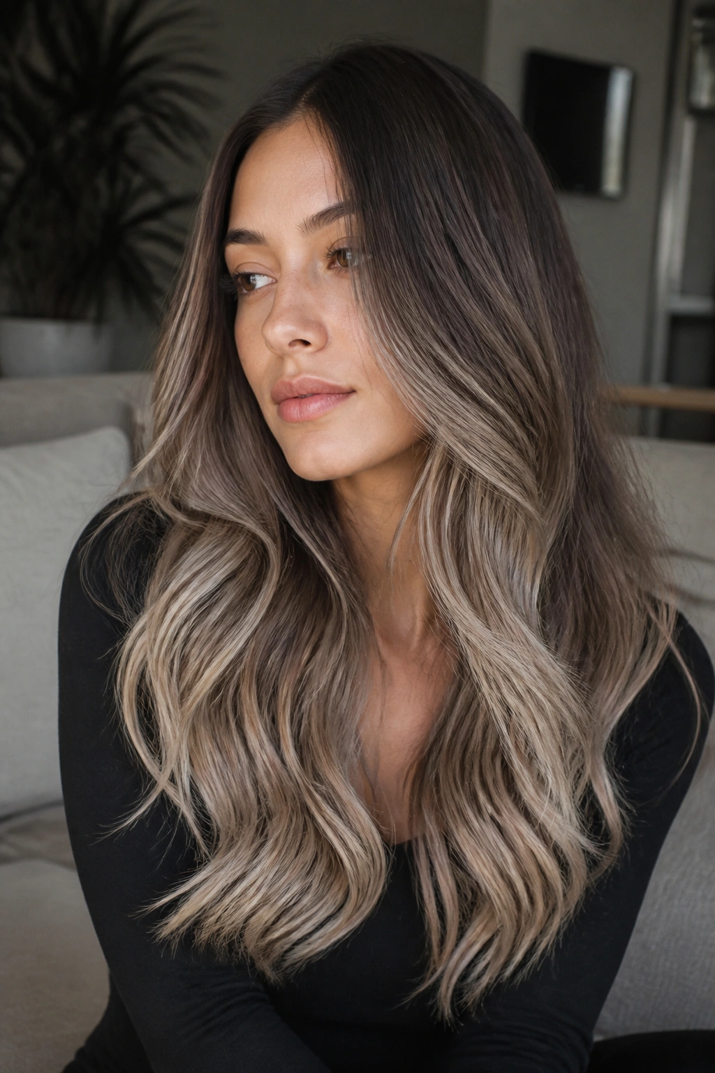 Portrait of a real woman with slate brown ombré from dark roots to ash blonde ends