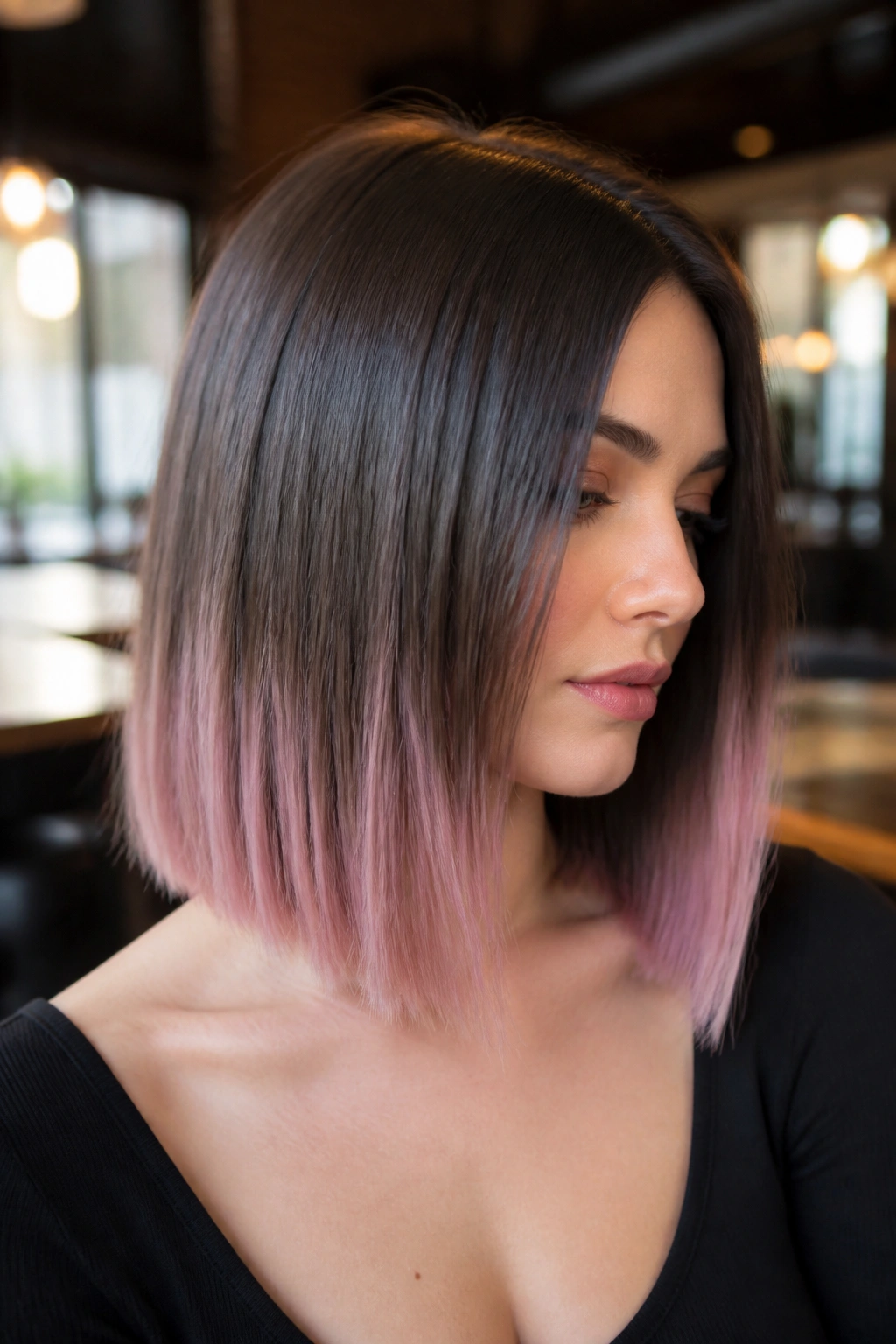 Close-up of slate brown hair with pale rose dip dye ends on a real woman