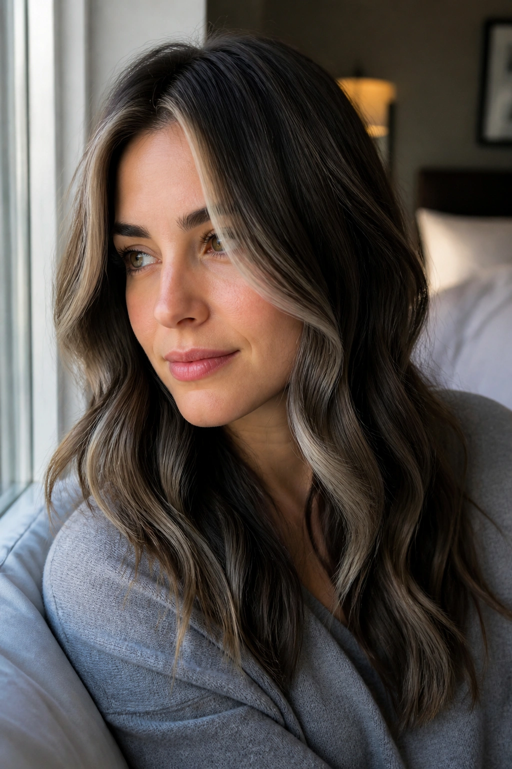 Close-up of a woman with slate brown hair and pearl contour highlights framing her face