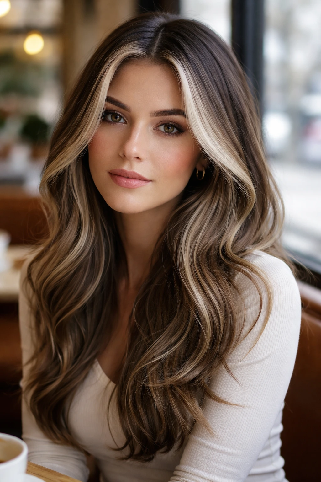 Portrait of a woman with slate brown hair and platinum veils in cafe daylight