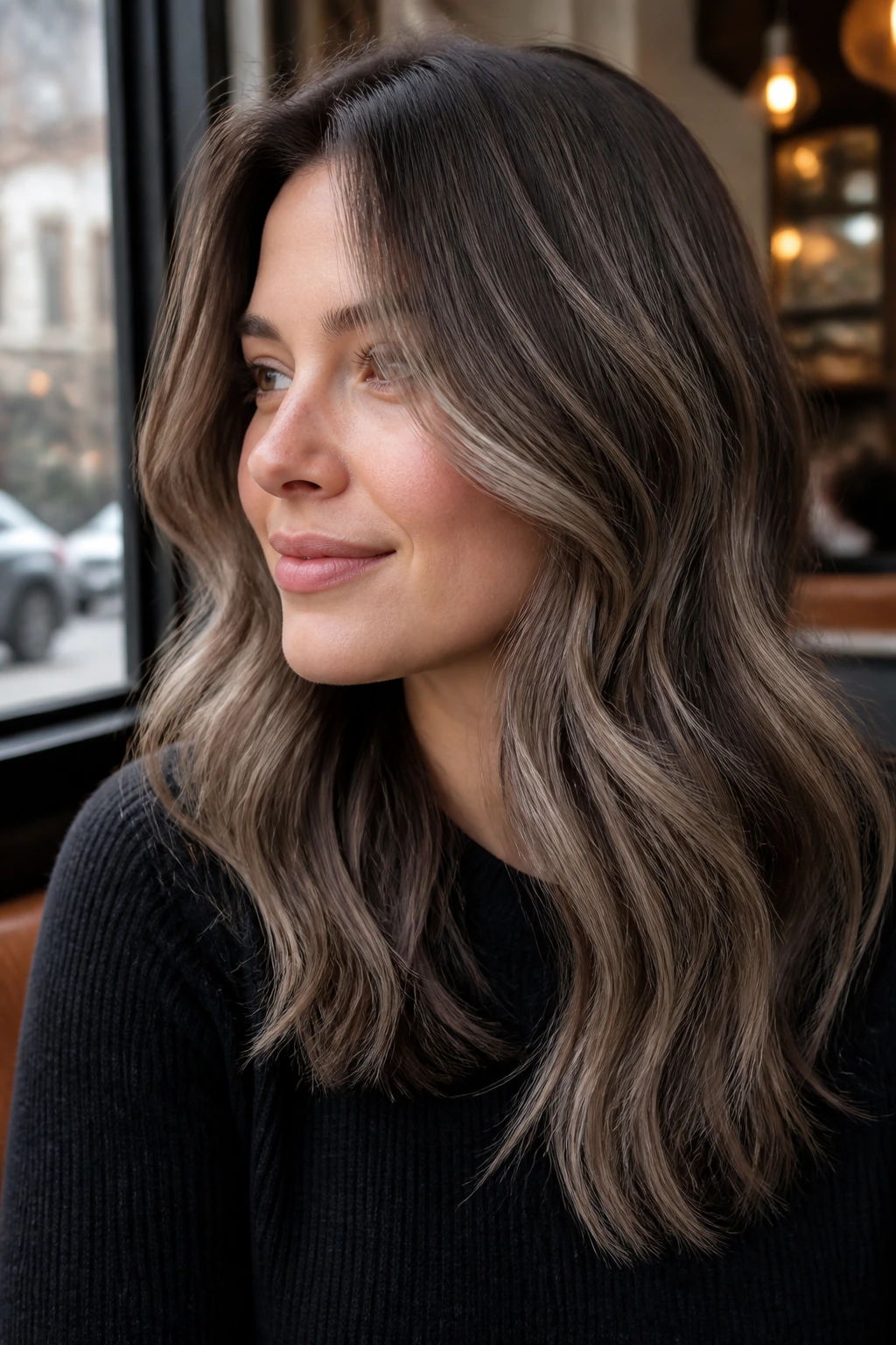Close-up of slate brown hair with vanilla smoke ribbons on a real person.