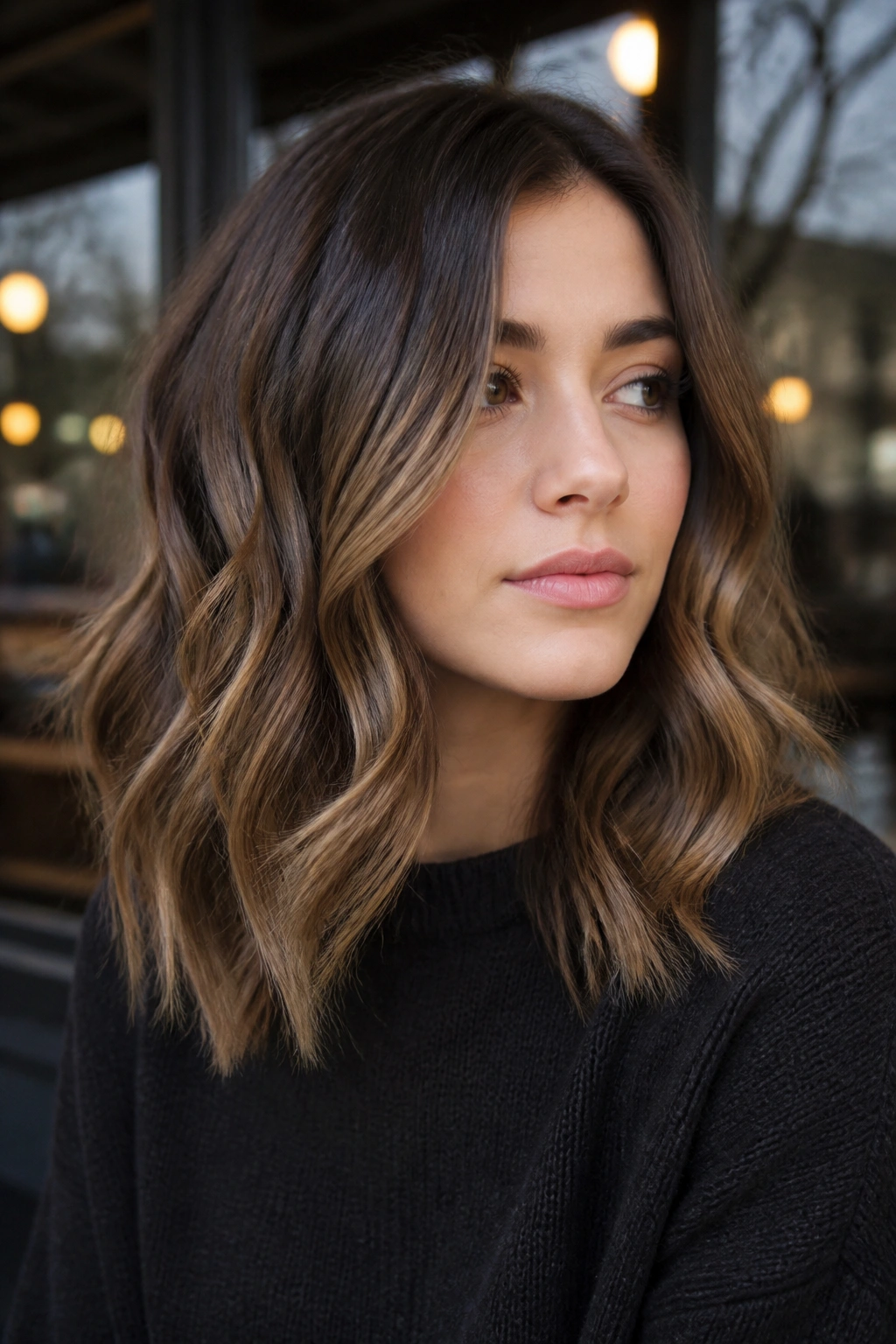 Mid-length portrait of slate brown hair with toffee-caramel waves on a real person