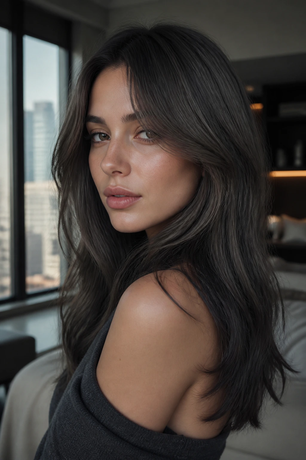 Portrait of real person with slate brunette hair in blue-grey tones