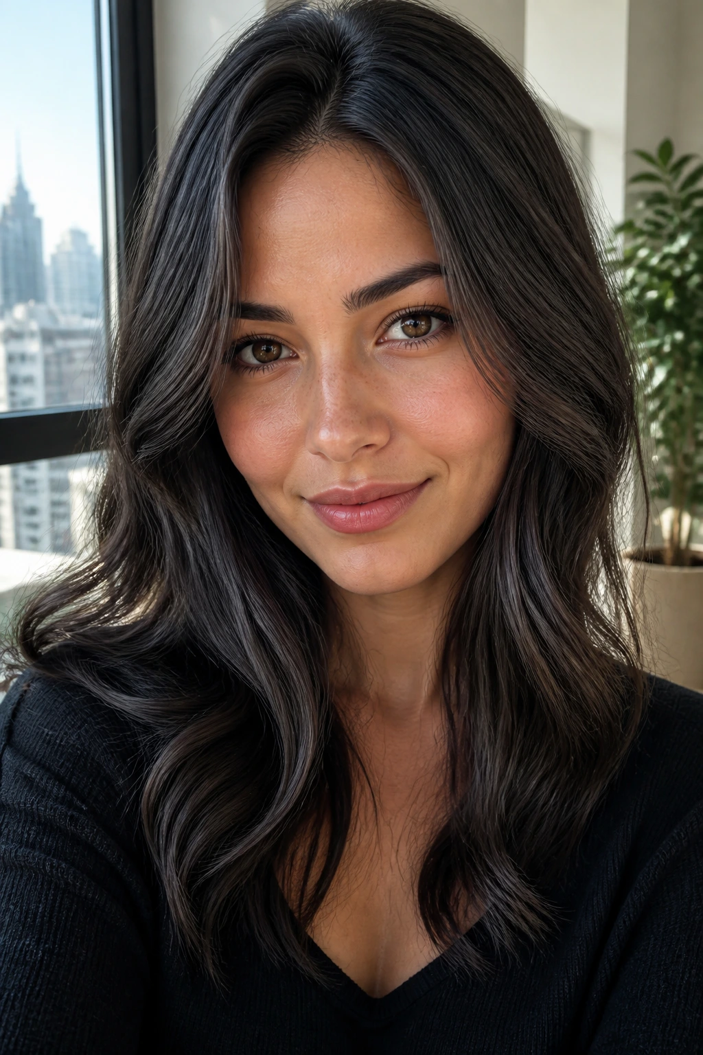 Close-up portrait of a real woman with slate-infused brunette hair in a sunlit urban apartment.